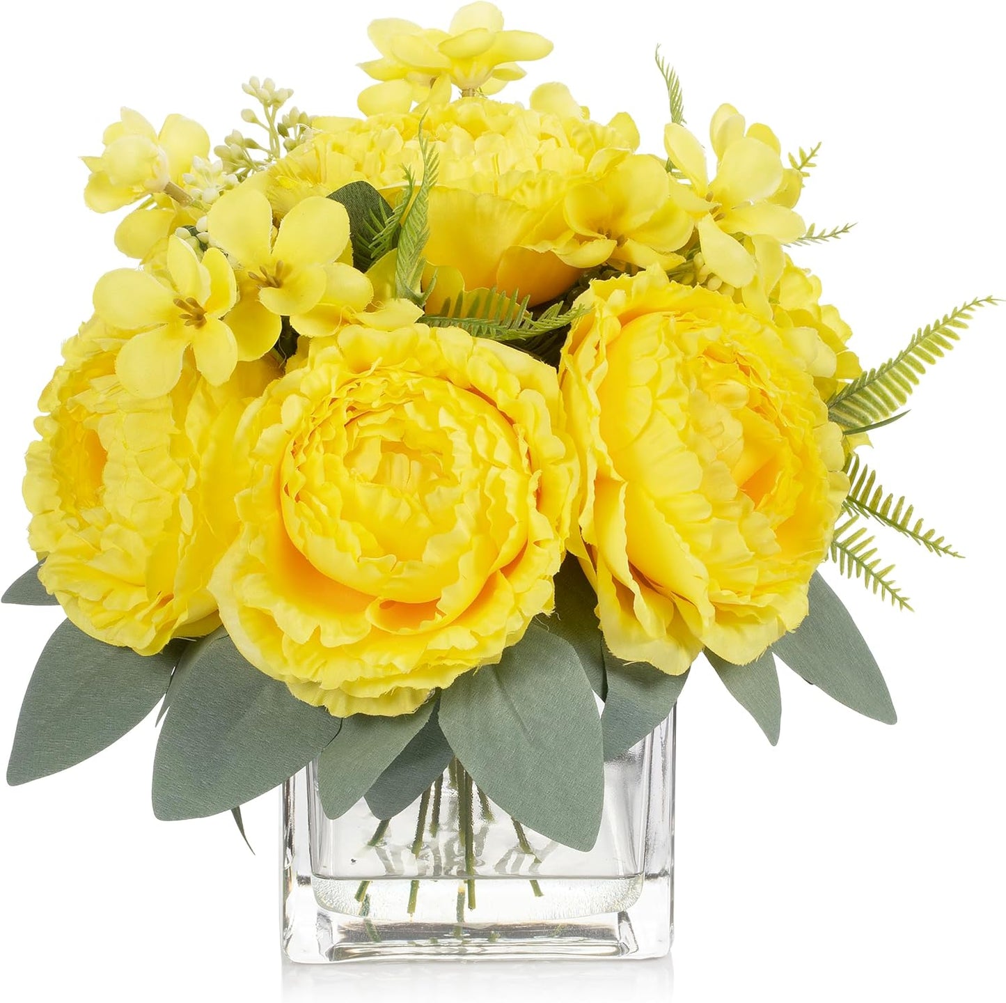 ENOVA FLORAL Artificial Flower Arrangement with Vase,Mixed Artificial Silk Peony Flower in Vase for Decoration Home Office, Wedding Centerpiece (Yellow)