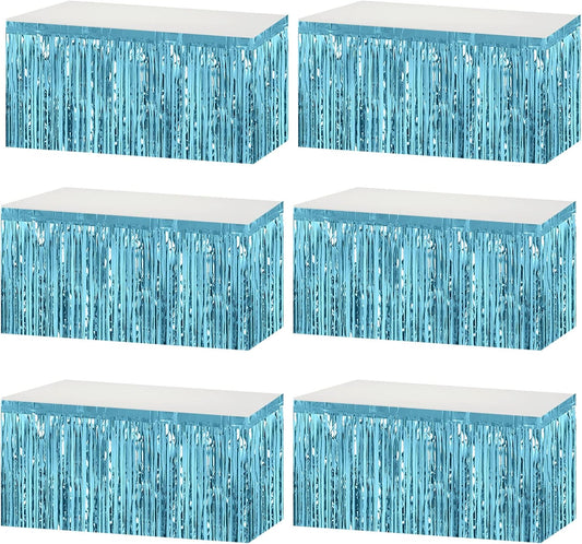 6 Pack 29x108 Inch Metallic Foil Fringe Tinsel Table Skirts Banner for Rectangle Tables Streamer Garland Backdrop for Wedding, Birthday, Parade Floats, Halloween Party Decoration(Light Blue)