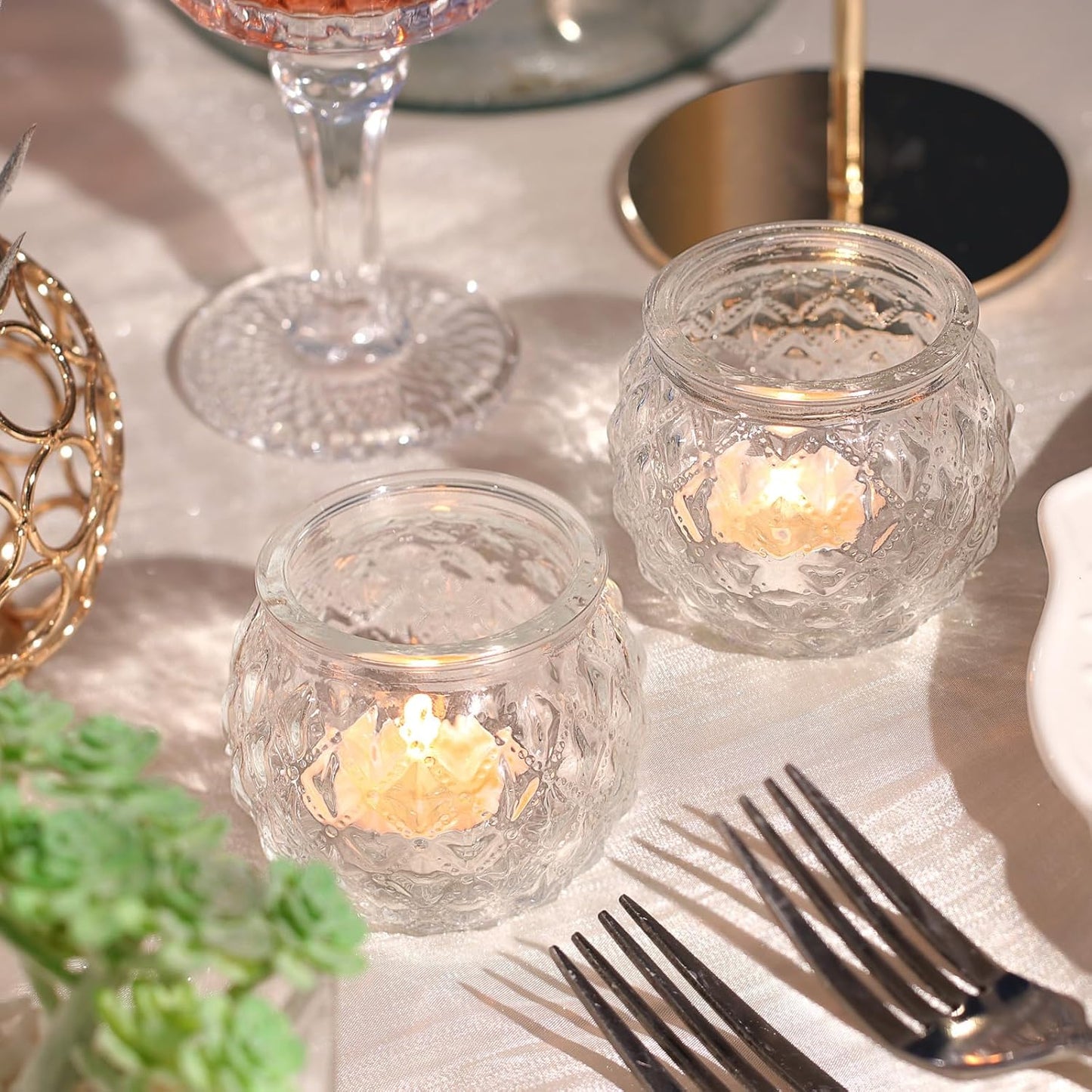 DARJEN 48Pcs Clear Votive Candle Holders - Round Candle Holder, Candle Holders Bulk for Tea Light Candle, Embossed Candle Votives for Wedding Centerpiece & Home Decor