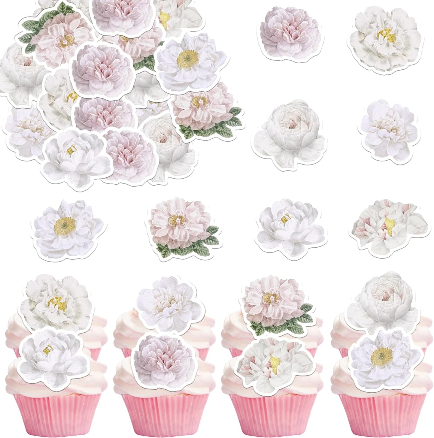 48PCS Edible Rose Flowers Cupcake Toppers Edible White Rose Flowers Cupcake Decor Wafer Paper Wedding Flowers Cupcake Picks for Flowers Theme Engagement Birthday Party Decor Supplies