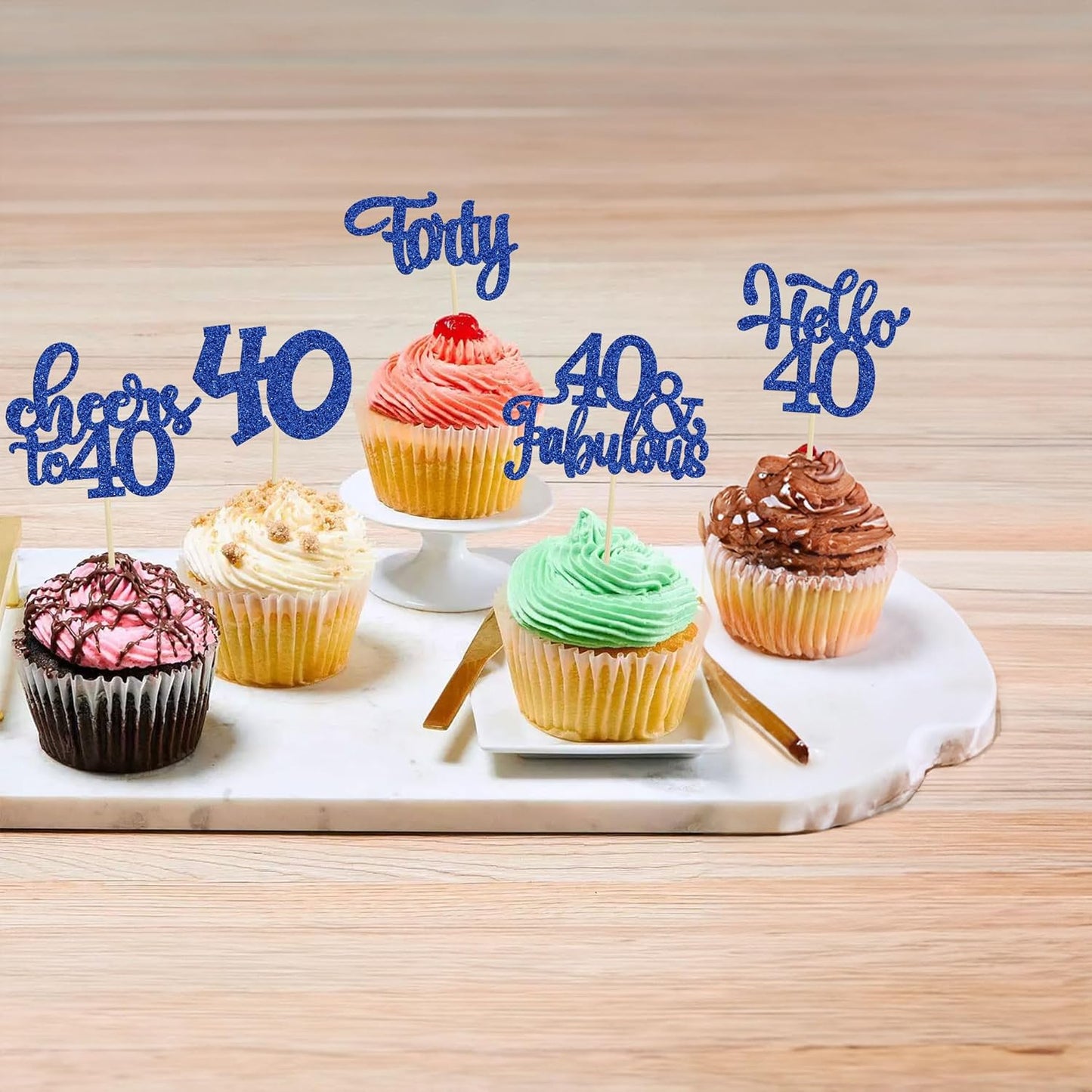 30pcs Happy 40th Birthday Cupcake Toppers - Deep Blue Glitter Forty Cheers to 40 Years Old Cupcake Picks for Anniversary Party Cake Decorations