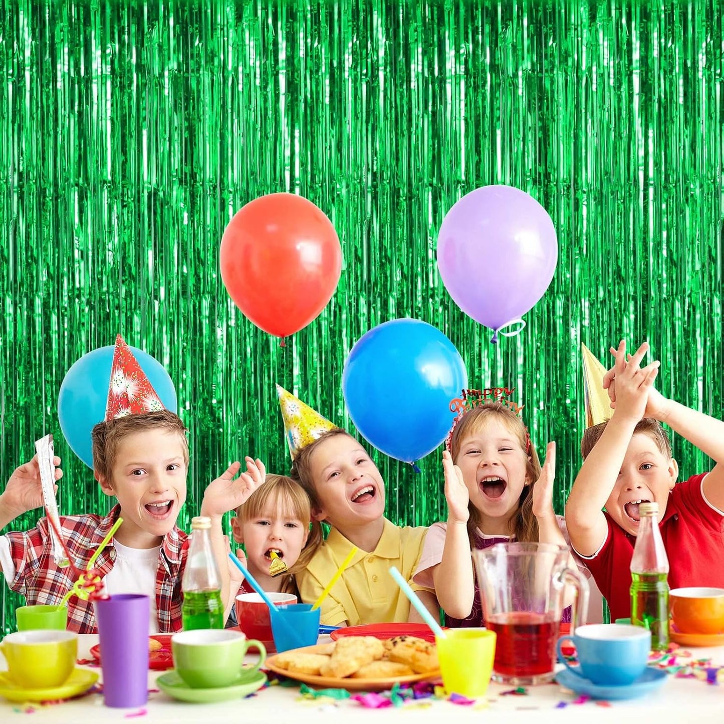 2 Pack Green Fringe Curtains Foil Shiny Fringe Backdrop Tinsel Door Streamers Foil Curtains for Birthday Wedding Engagement Bridal Shower Celebration Party Decorations Large