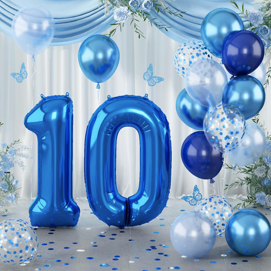 Dark Blue Number 10 Balloon, Large 40 Inch with Metallic Light Navy Blue Silver Confetti, Self Inflating Helium Foil One Balloon for Boys 10th Birthday Party Anniversary Decorations