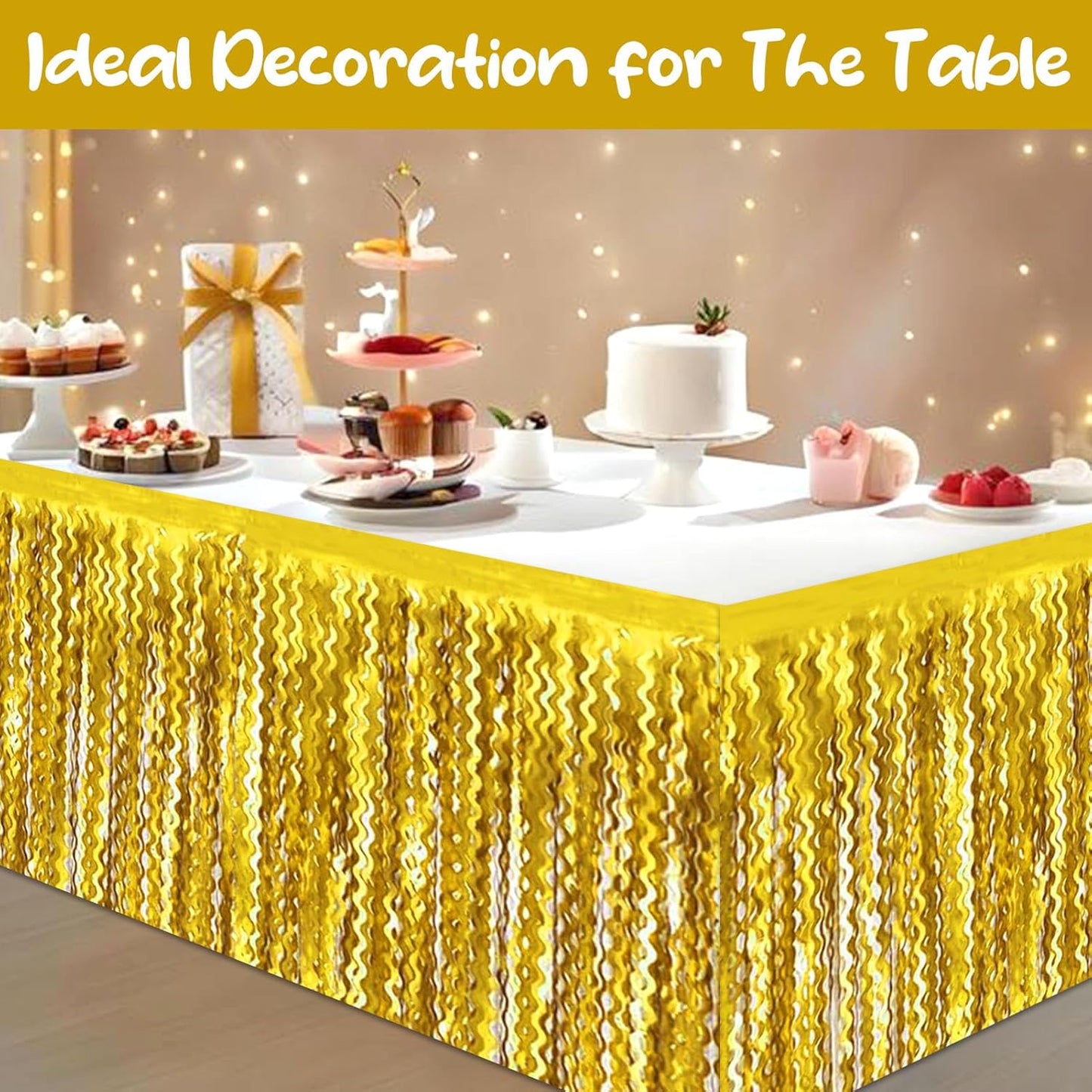 6 Pack 29 x108 Inch Gold Wave Foil Fringe Table Skirts Metallic Banner for Tinsel Streamer Garland Backdrop for Parade Floats, Mother's Day, Easter, Wedding, Birthday Party Decoration