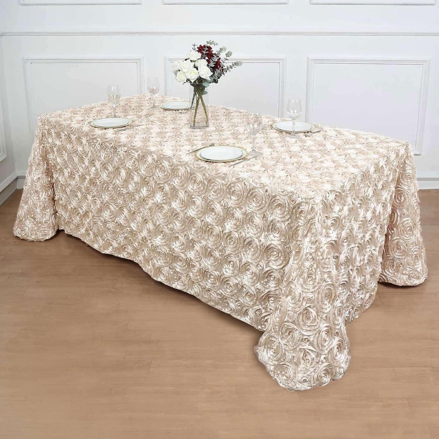 Efavormart 90"X132" Beige Grandiose 3D Rosette Satin Rectangle Tablecloth for Wedding Party Event