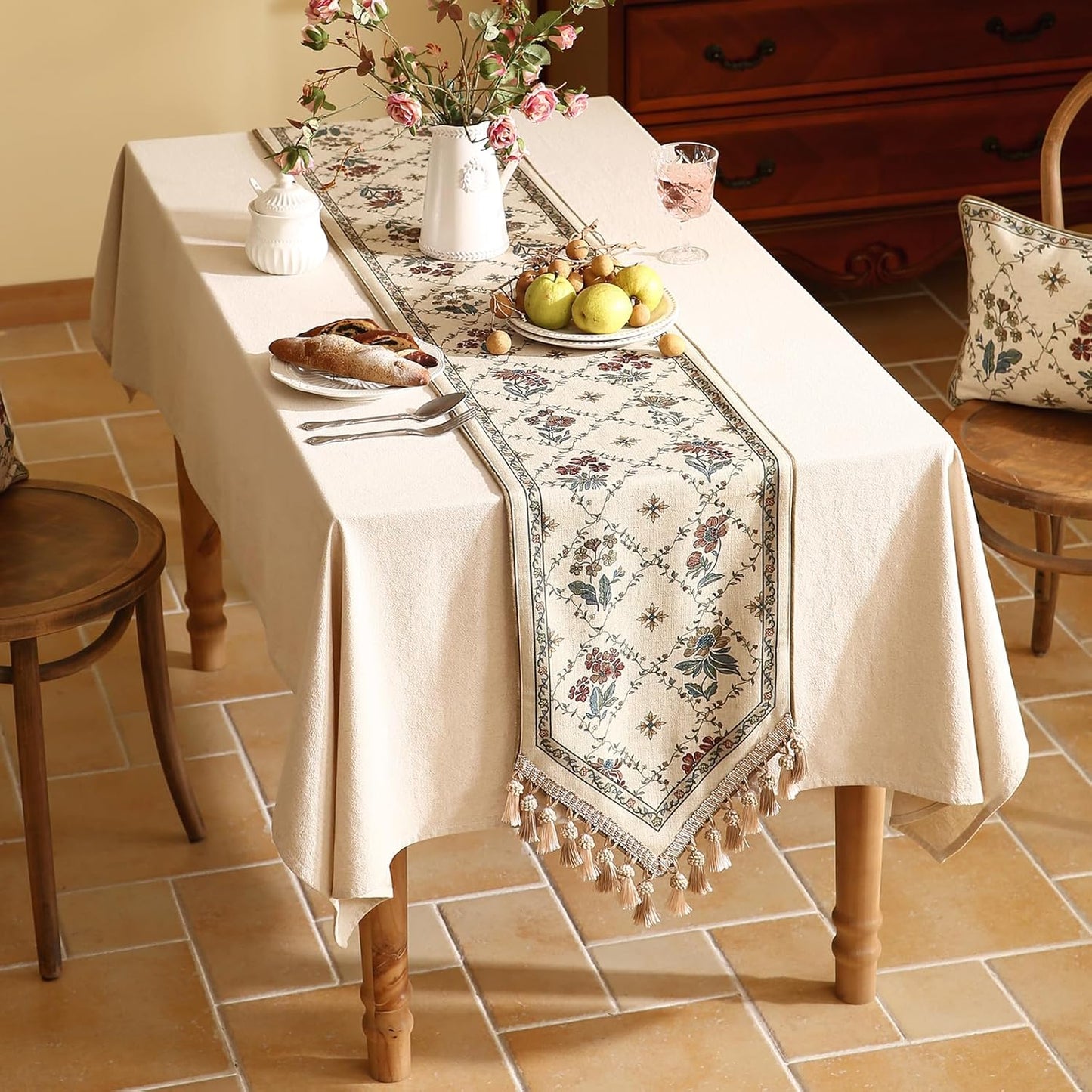 patdrea Designer Vintage Floral Linen Table Runner 87 Inch Long, Beige Cottage Rustic Bouquets Pattern Table Mat,Decor for Kitchen Dining Coffee Table Shelf Cabinet Banquet Christmas ,12"*87"