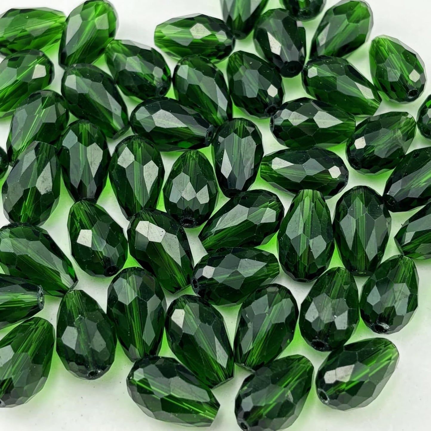 100pcs 8x12mm Teardrop Crystal Glass Beads for Jewelry Making, Faceted Vertical Hole Teardrop Glass Spacer Beads for Wind Chimes Bracelet Earring Necklace DIY Craft(Dark Green)