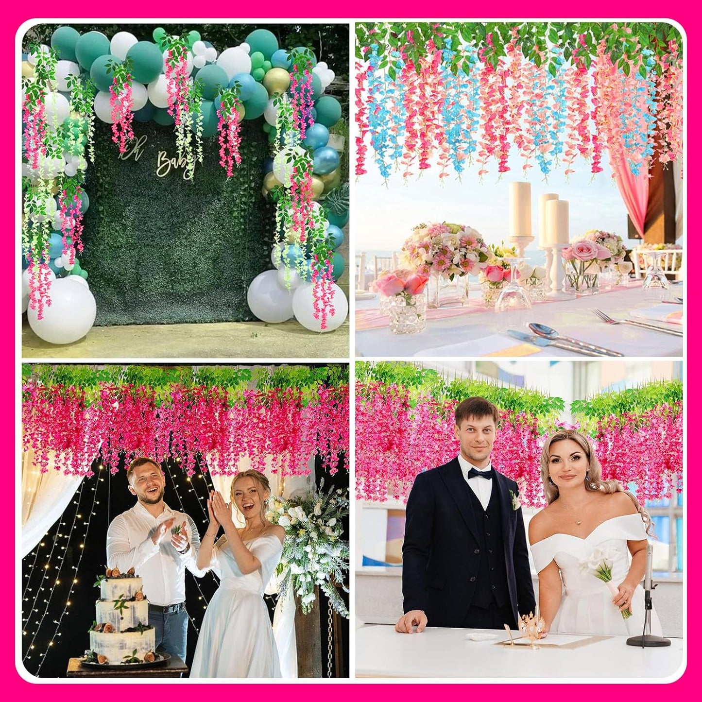 12 Pack Fuchsia Wisteria Hanging Flowers Garland with Lights, 3.44 Feet Artificial Flower Vines, Fake Wisteria, Artificial Vines Hanging Garland for Backdrop Outdoor Patio Garden Decor