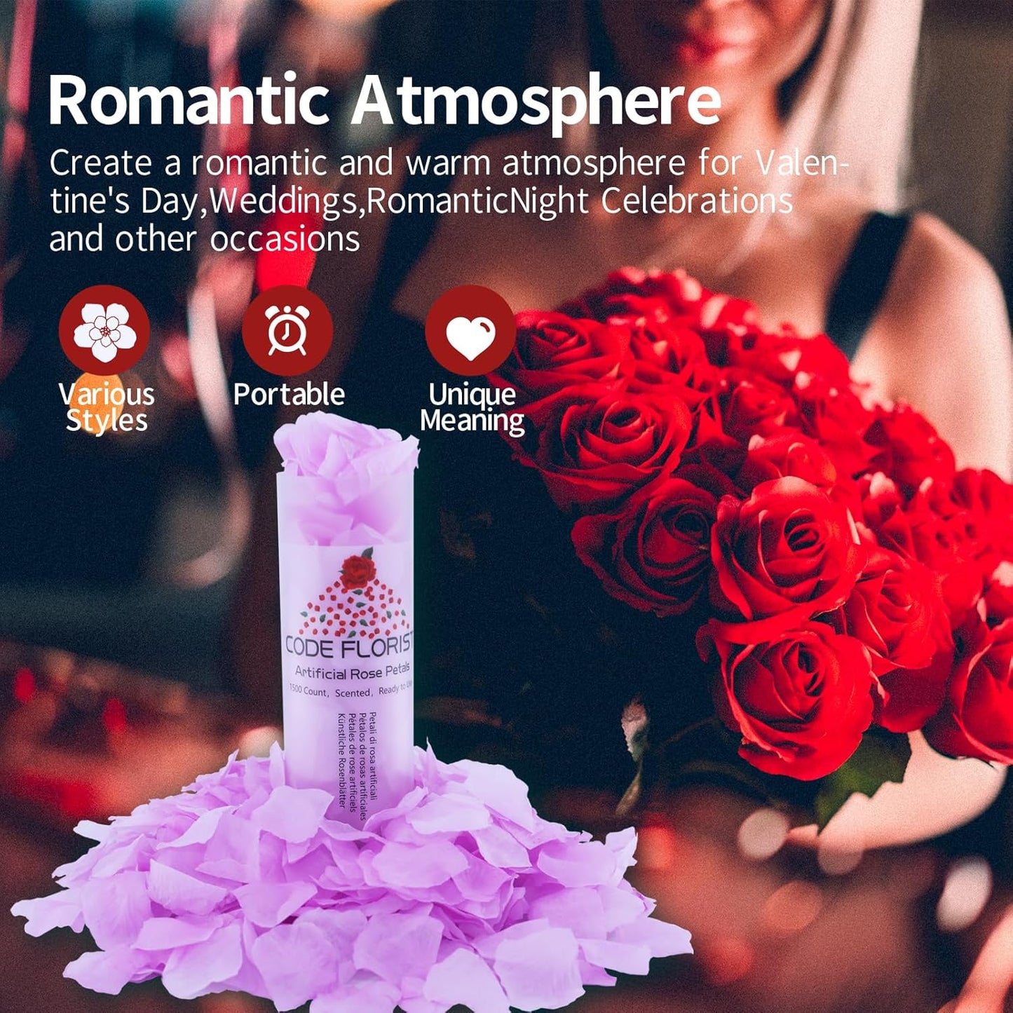 CODE FLORIST 1100 PCS Silk Rose Petals for Valentine's Day,Fake Rose Petals for Romantic Night,Wedding,Proposal Anniversary Flower Decorations(Separated,Scented,Baby Purple)