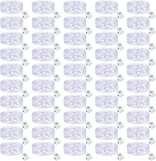 btfarm 50 Pack LED Fairy Lights Battery Operated [3 Modes] Twinkle Lights, 7FT 20 LED Mini String Lights Mason Jars Silver Wire Small Christmas Wedding Party, Cold White