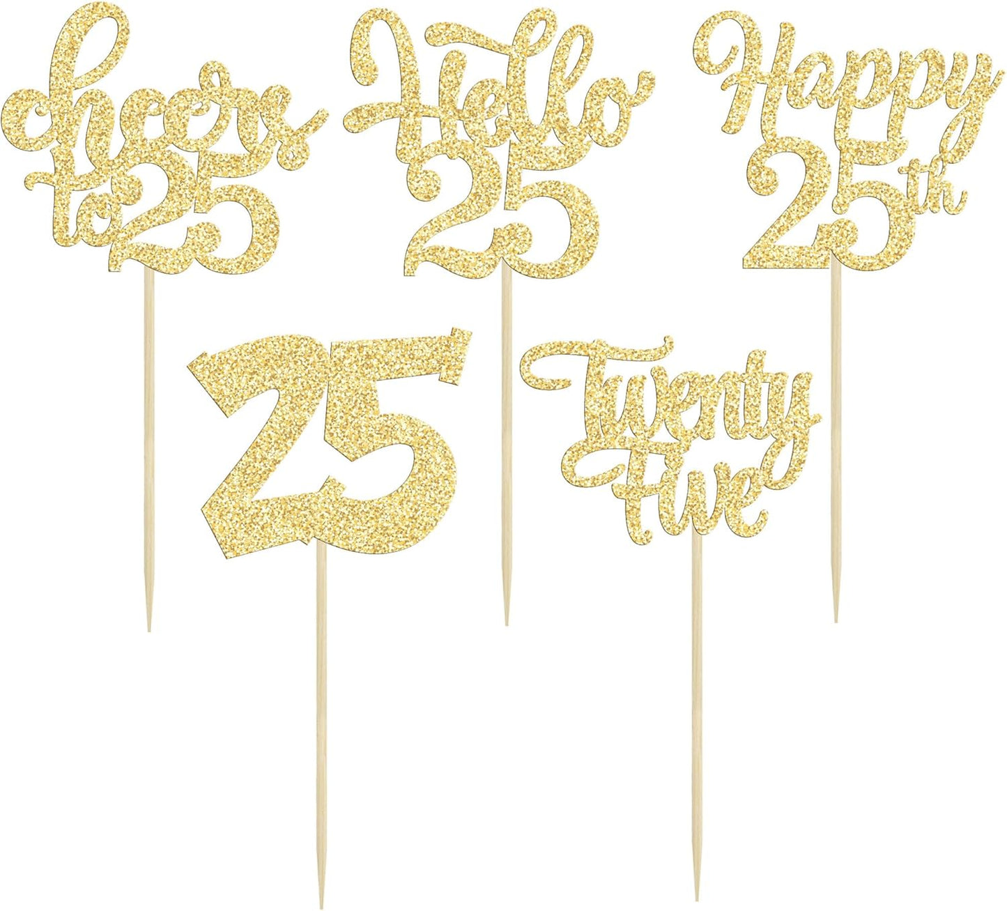 30pcs 25th Birthday Cupcake Toppers - 25th Anniversary Cake Decorations with Gold Glitter