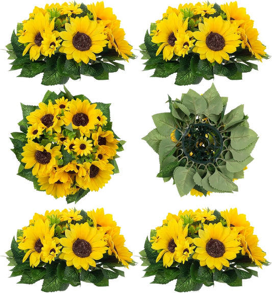 BLOSMON Sunflowers Artificial Flowers Centerpieces - 6 Pcs Fake Yellow Sunflower Flowers Ball Center Piece Decoration for Wedding Table Silk Kissing Floral Arrangements for Home Party Event DIY Decor