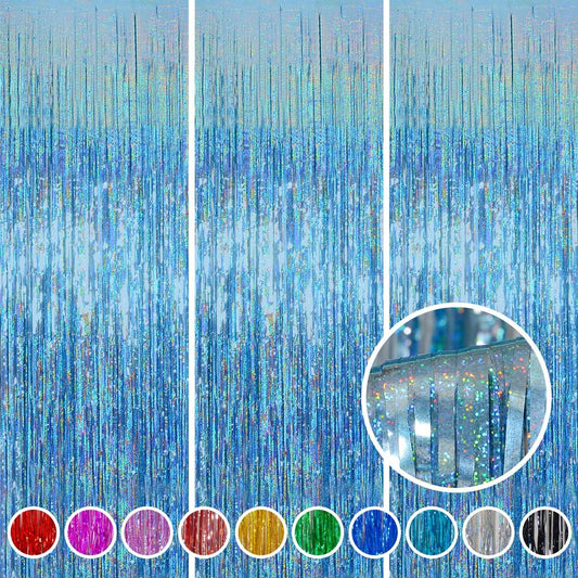 Foil Fringe Curtains Party Decorations - Melsan 3 Pack 3.2 x 8.2 ft Tinsel Curtain Party Photo Backdrop for Birthday Party Baby Shower or Graduation Decorations Light Blue