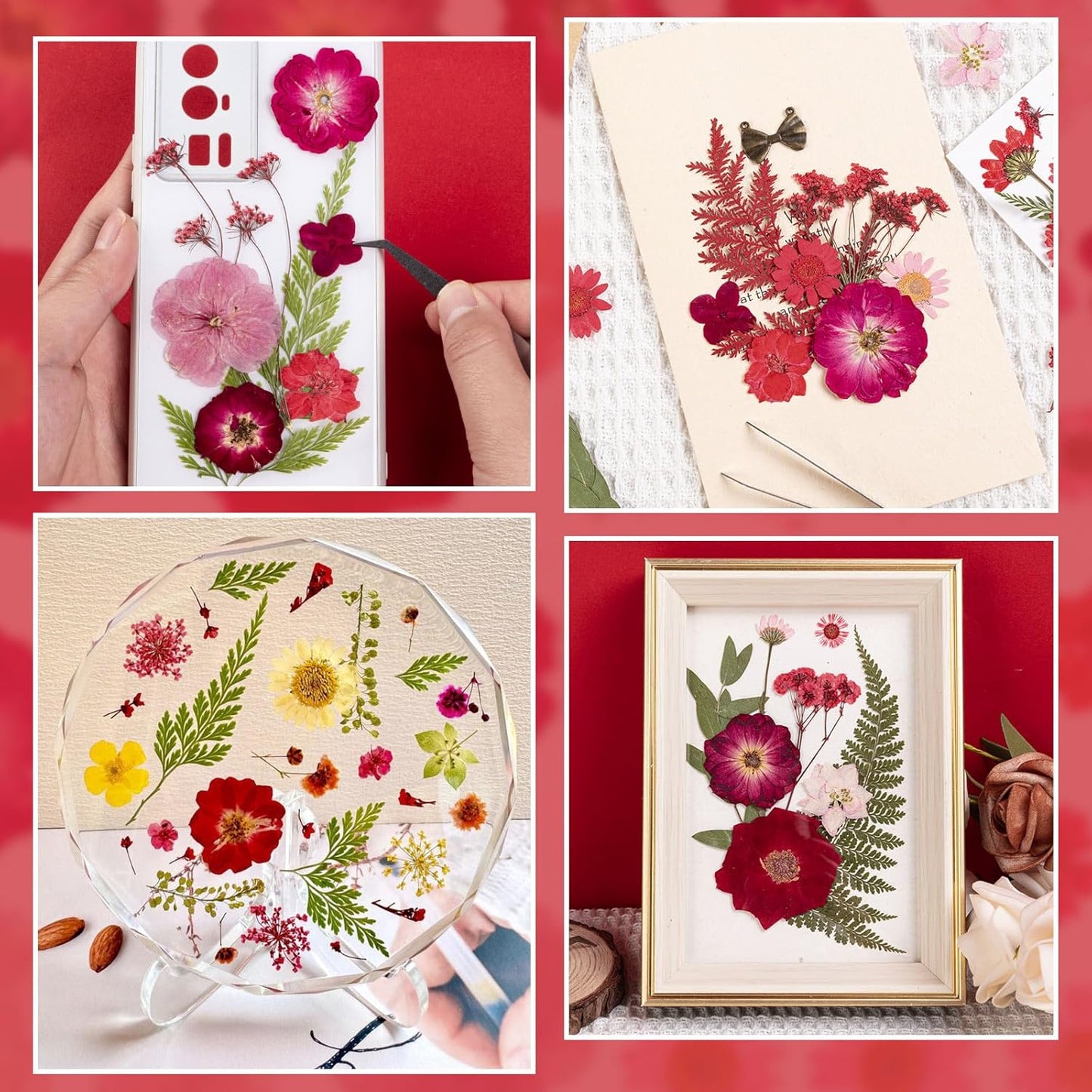 101 PCS Red Dried Pressed Flowers for Christmas Crafts Resin, Red Real Nature Flowers Bulk for DIY Holiday Cake Card Scrapbook Supplies, Large Dried Flowers for Soap Candle Making