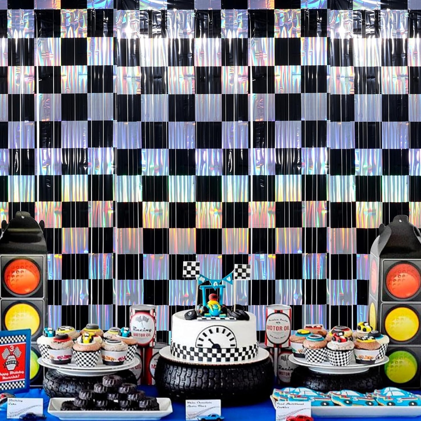 2 Pack 3.3Ft x 6.6Ft Race Car Checkered Foil Fringe Curtain Backdrop Decorations, Black Iridescent Metallic Tinsel Foil Streamers Curtain Photo Booth for Race Car One Happy Dude Birthday Party Decor