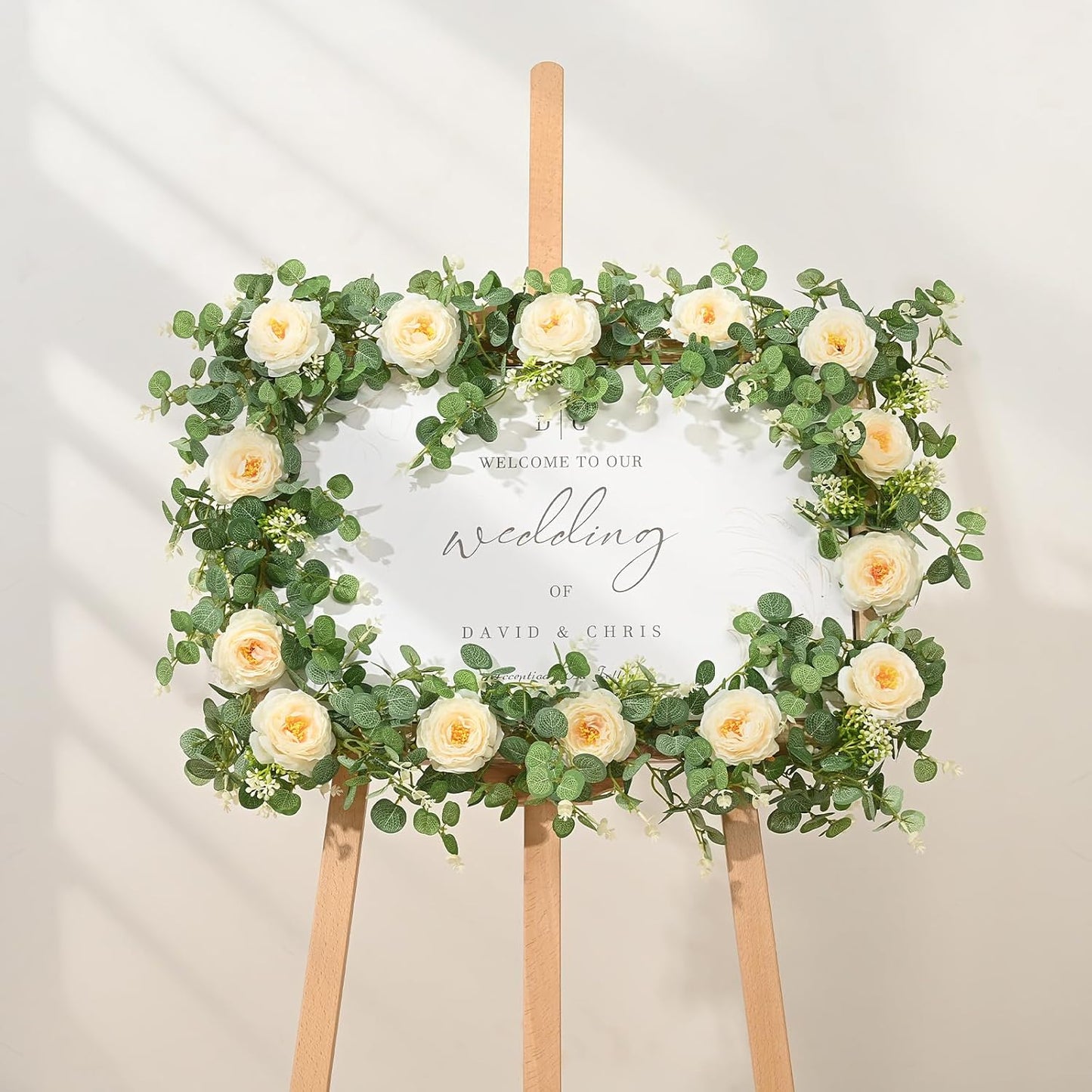 Dolicer 4Pcs 26Ft Artificial Eucalyptus Garlands with Flowers, Faux Floral Greenery Garlands Fake Flowers Vines for Wedding Centerpieces Arch Party Ceremony Backdrop Decor (Champagne)