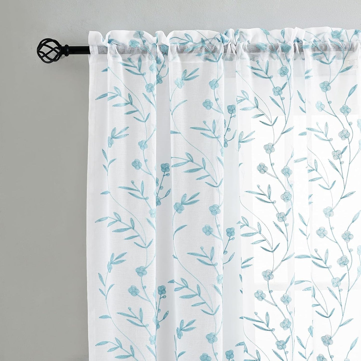Sheer Curtains Floral Embroidery White-Blue 84 Inch Long Rod Pocket Lace Drapes for Living room, Bedroom, 2 Panels, 52"x84", Semi Voile Pattern Outdoor Window Treatment Sets for Yard, Patio, Parlor.