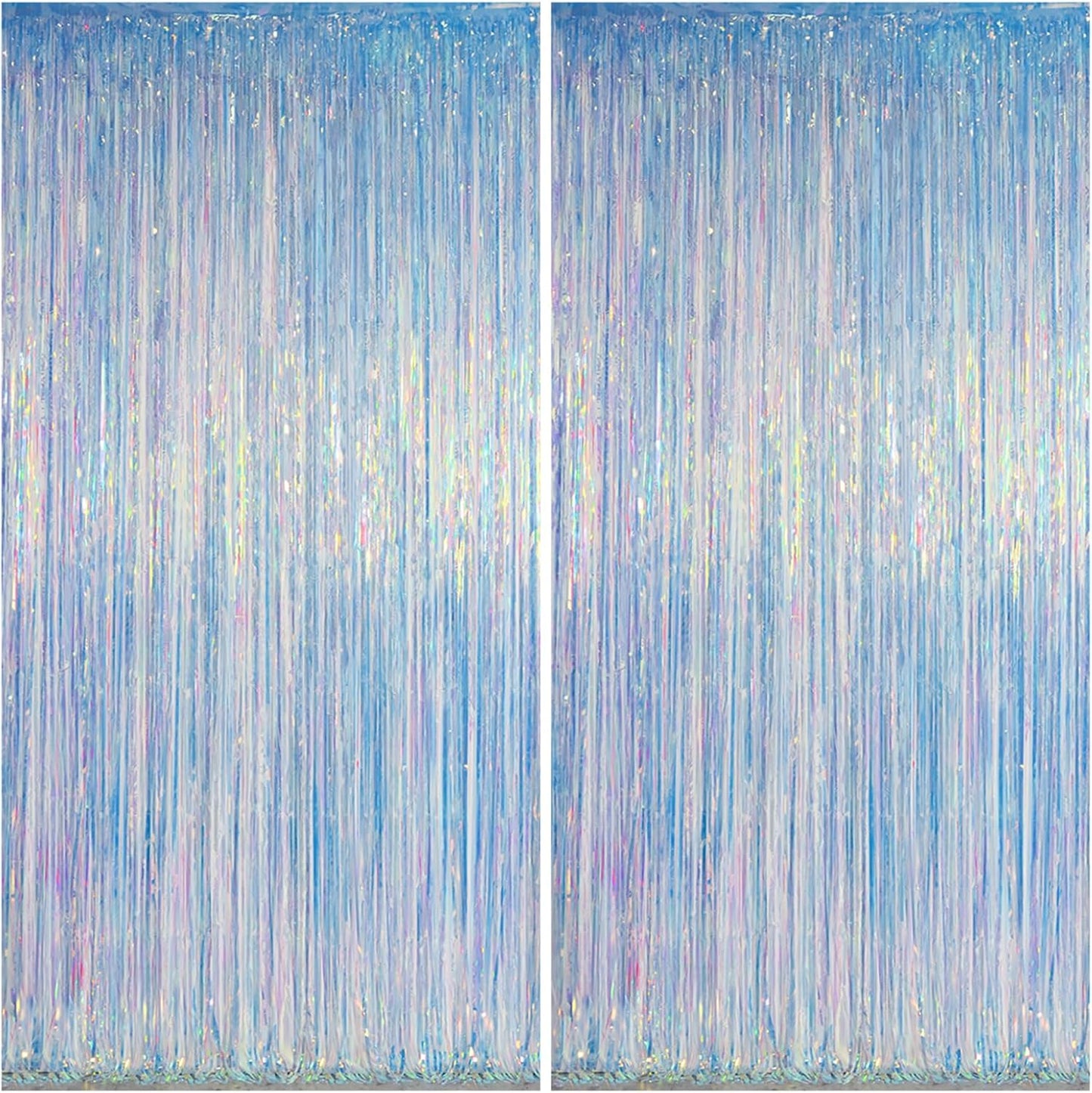 Melsan Iridescent Foil Fringe Backdrops Party Decorations - 2 Pack 3.2 x 6.5 ft Metallic Tinsel Photo Backdrop Curtains for Mermaid Unicorn Birthdays Parties - Iridescent 2 Packs