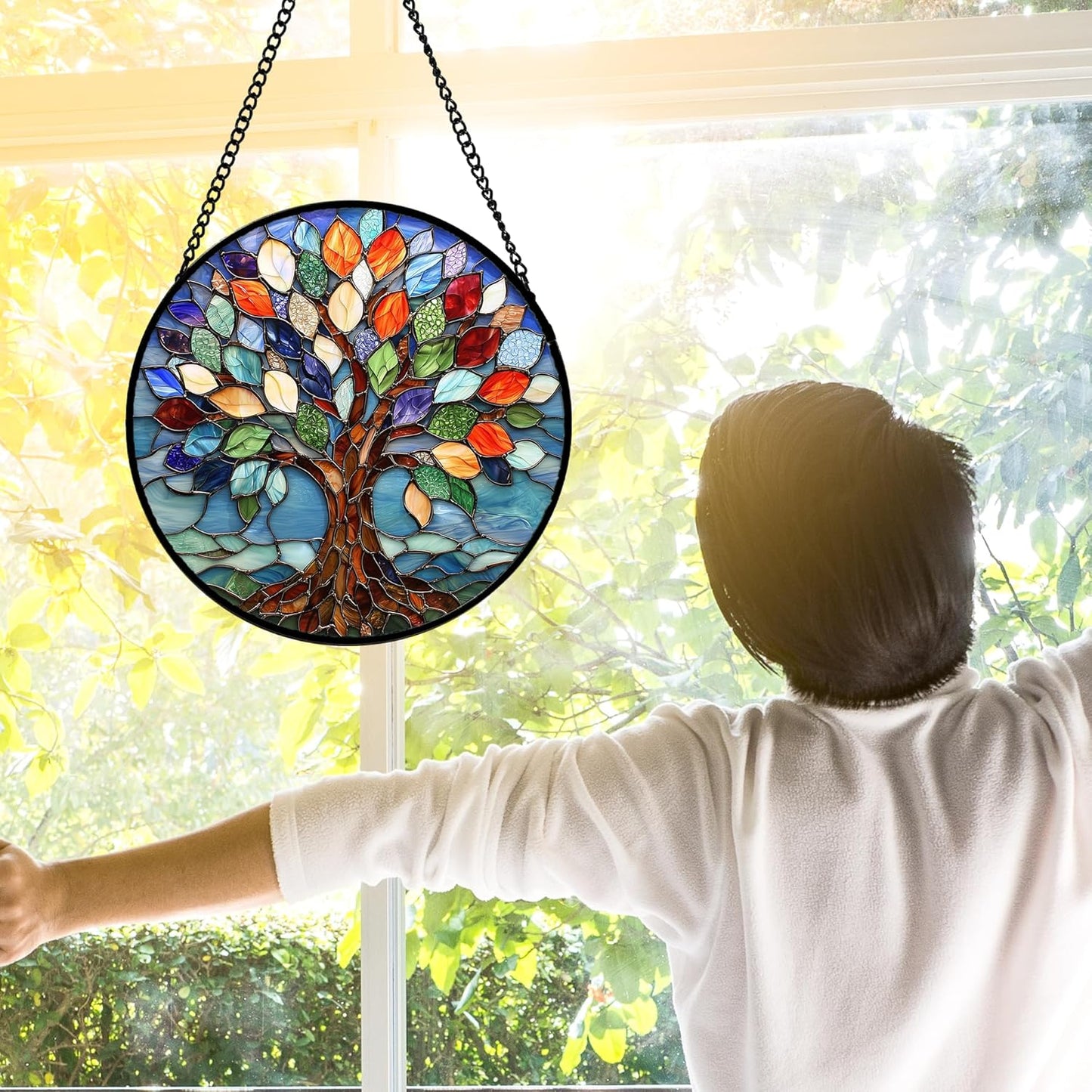 Stained Glass Window Hanging, Colorful Tree of Life Sun Catchers Glass Panel Blue Suncatcher Decor for Birthday for Women, Men, Wife, Aunt, and Mom 6.3 in
