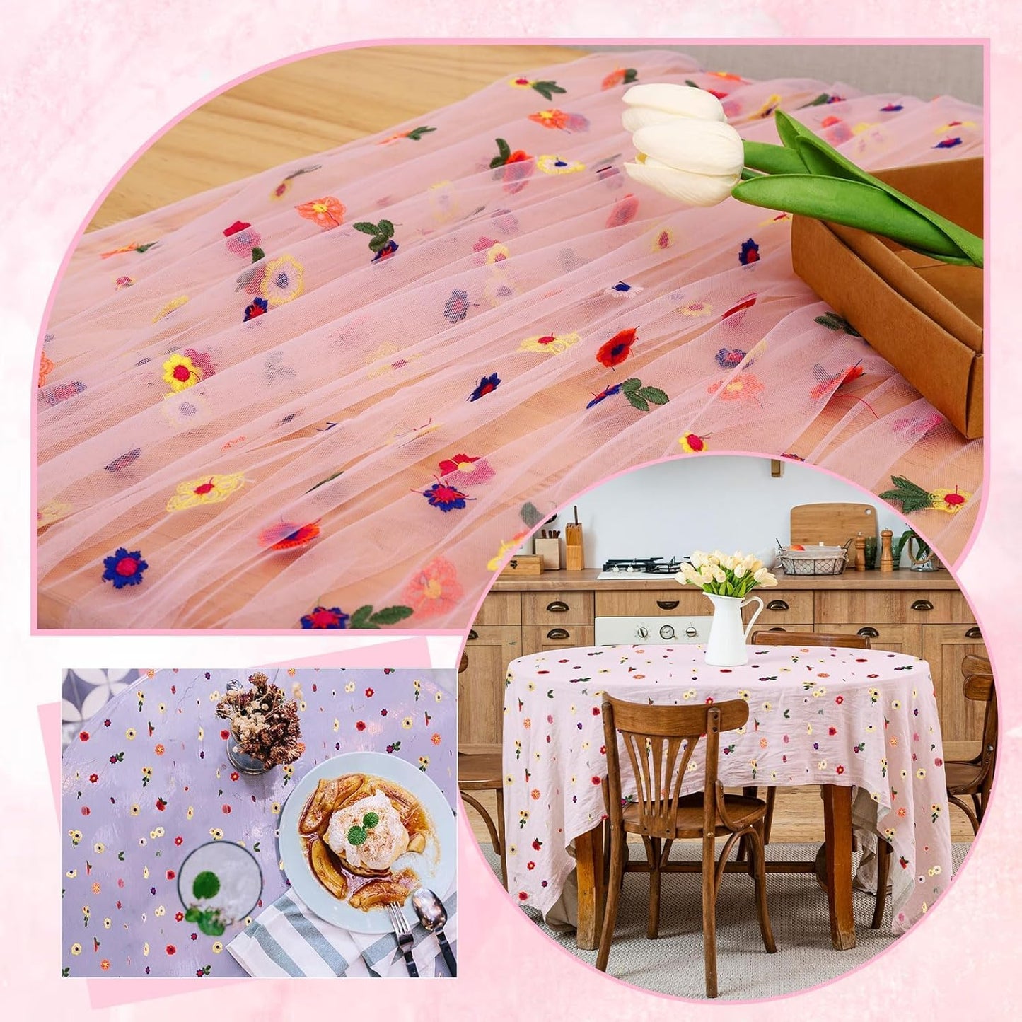 Pink Floral Table Runner 10 FT, Embroidery Daisy Table Runners Seasonal Sheer Tulle Table Runner for Thanksgiving Wedding Birthday Baby Shower Party ﻿