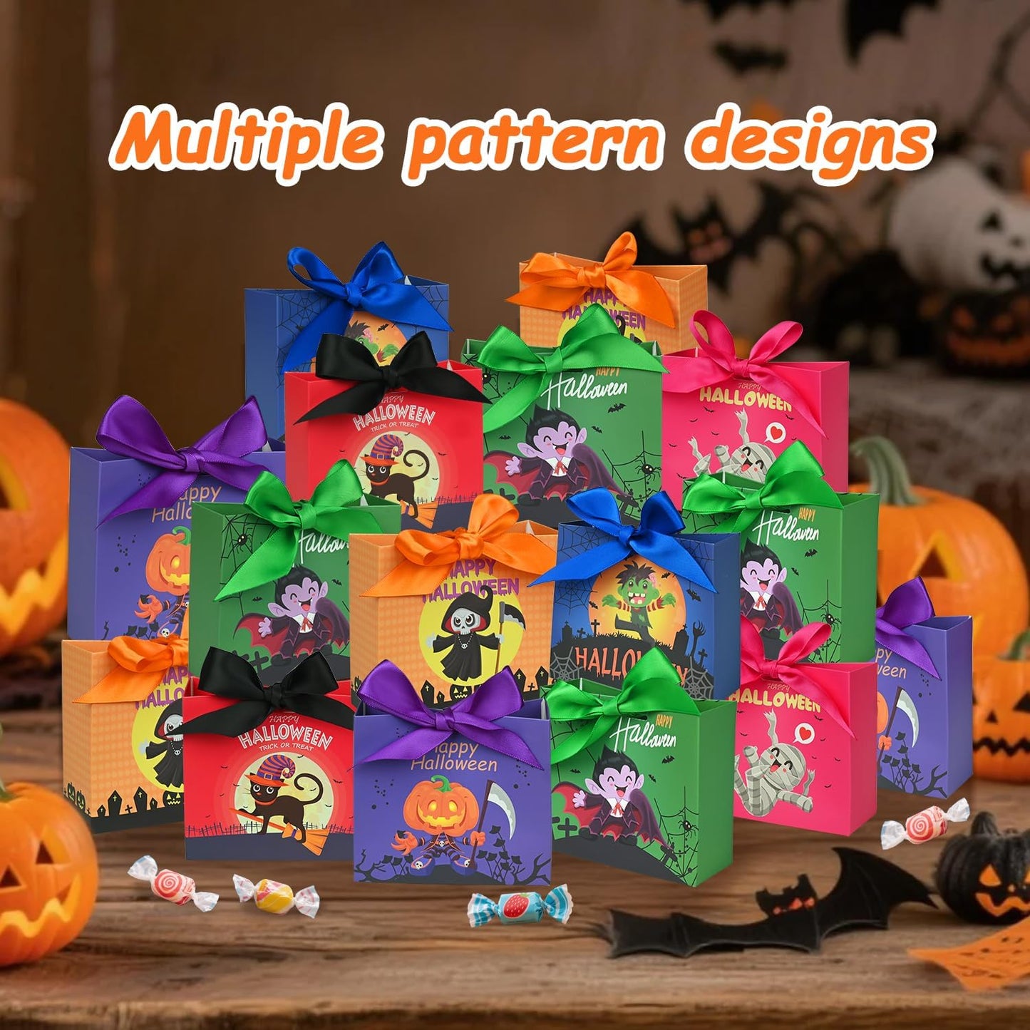 24PCS Halloween Goodies Bags, Trick or Treat Candy Gift Paper Bags Bulk with Ribbons, Halloween Treat Boxes for Kid, Party Favor, Classroom Exchange, Home Decoration 4.5 x 3.9 x 1.7 Inches