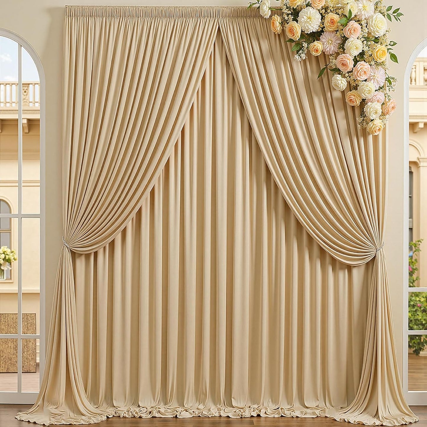 10×14 ft Wrinkle Free Beige Backdrop Curtain for Weddings Parties, 2 Panels 14ft Silky Polyester Wedding Drapes Backdrop Photo Back Drop Cloth for Birthday Baby Shower Photography Backgrounds