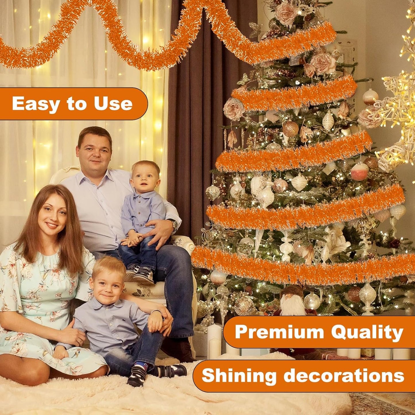 25 Feet Macaron Orange Christmas Tinsel Garland, Metallic Foil Twist Banner Wall Hanging Tinsel Streamers Backdrop for Parade Floats, Christmas, Mother's Day, Birthday Party Decorations(4in x 25ft)