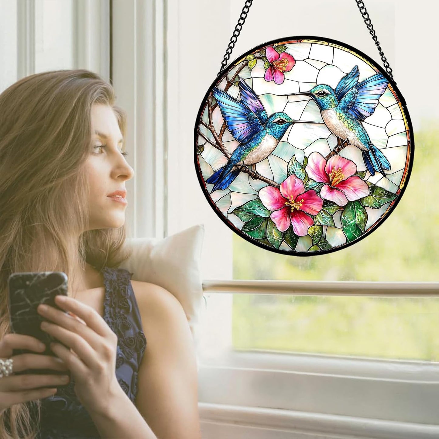 Stained Glass Window Hanging - Blue White Hummingbirds Pink Flowers Suncatcher for Door Terrace Garden Home Decor Bird Sun Catcher Birthday Gifts for Lovers Women Men Dad Mom Nana 15 in