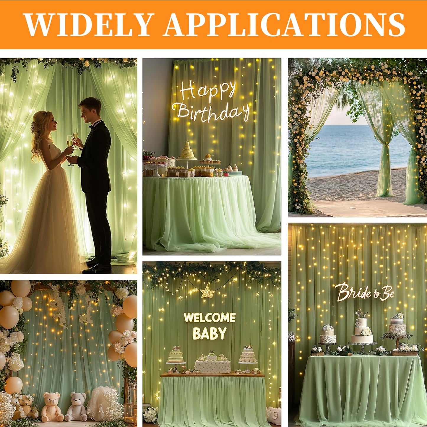 10x10ft Green Tulle Backdrop Curtain with String Lights, Wrinkle-Free Sheer Wedding Backdrop for Birthday Parties, Baby Showers, Bridal Showers, Photo Shoots and Home Decorations, Green