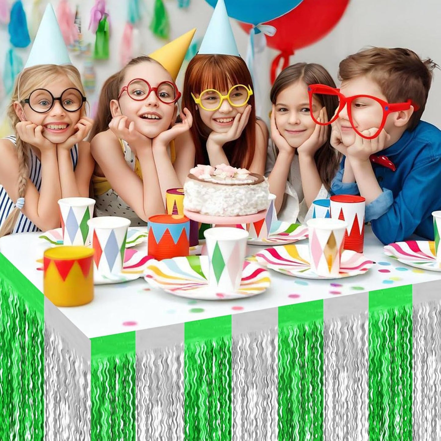 6 Pack 29x108 Inch Silver Green Wave Foil Fringe Table Skirts Metallic Banner for Tinsel Streamer Garland Backdrop for Parade Floats Wedding, Mother's Day, Birthday Mardi Gras Party Decorations