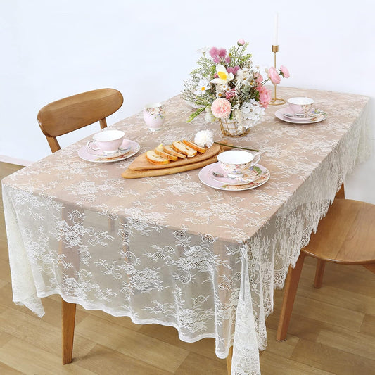 LuoluoHouse Set of 2 Ivory Lace Tablecloths Rectangle Chic Wedding Embroidered Tablecloth 60x120 inch Decorative Tablecloth for Farmhouse Party Birthday Kitchen Table Linens
