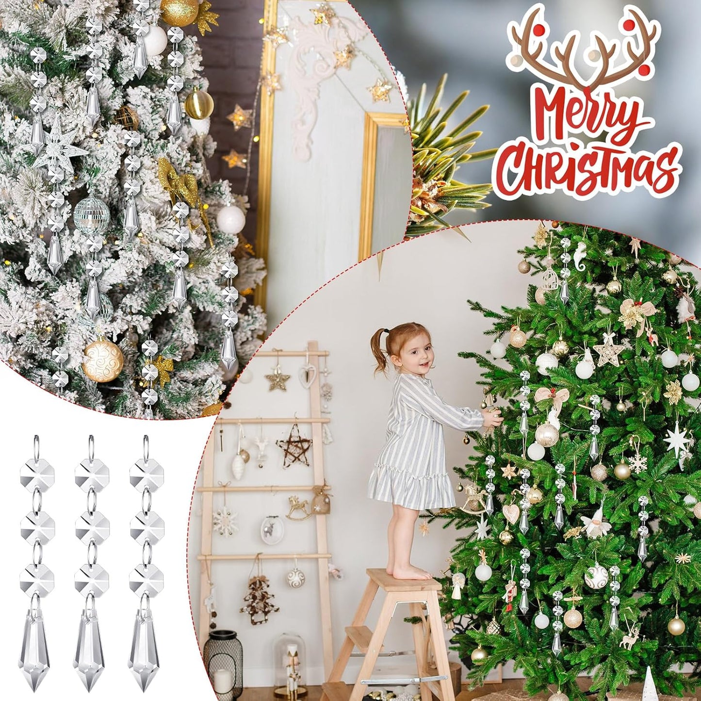 Nuenen 100 Pcs Hanging Crystals for Centerpieces Acrylic Chandelier Garland Beads Strands Prism Decorations Clear Teardrop Chandelier Crystals Pendant Wedding Home Garden Outdoor Ornaments(Icicle)