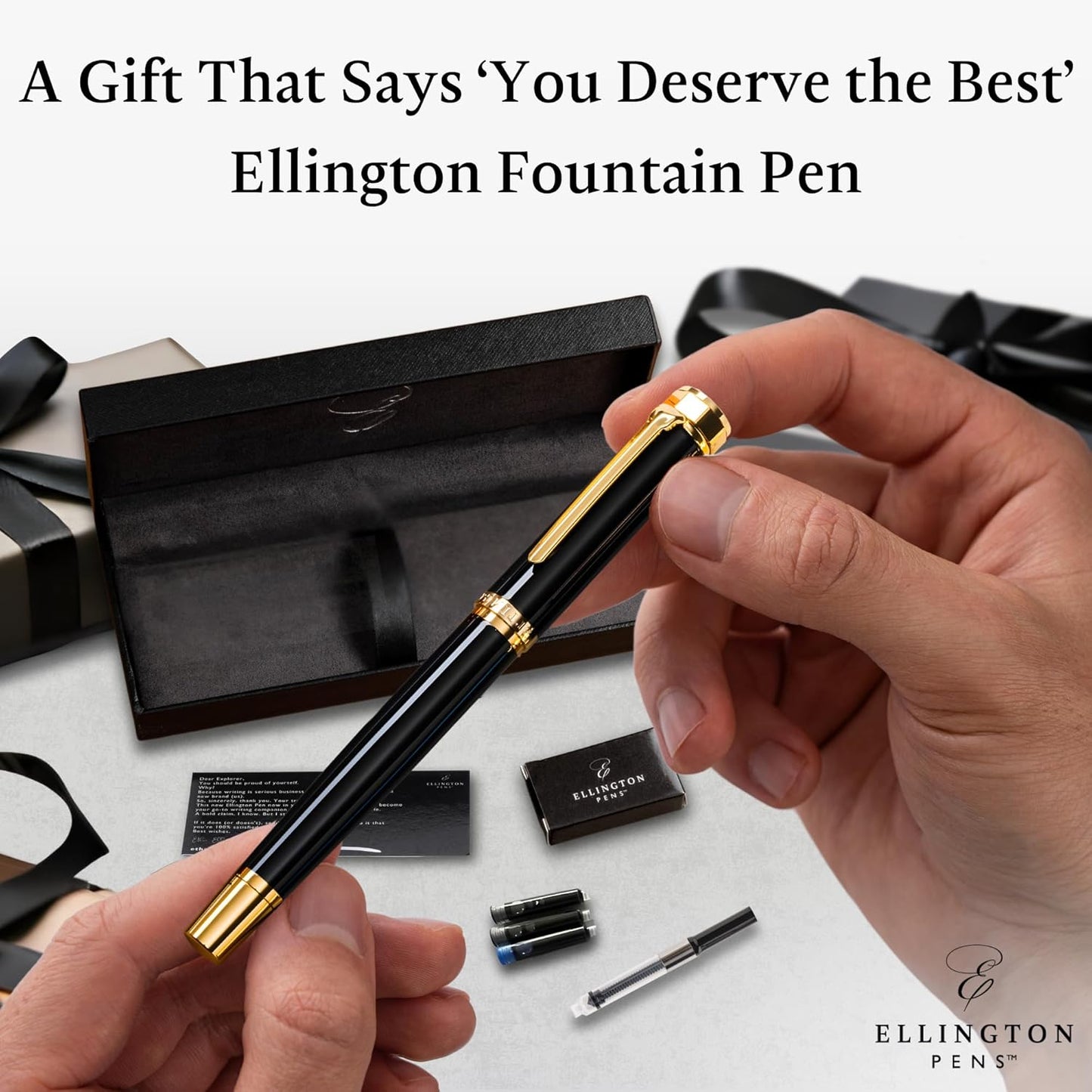 Ellington Pens Luxury Fountain Pen Set- Fountain Pens for Writing - Smooth Extra Fine Nib - Includes Refillable Ink Converter, 3 Ink Cartridges [Black & Blue], Gift Box - Elegant Calligraphy