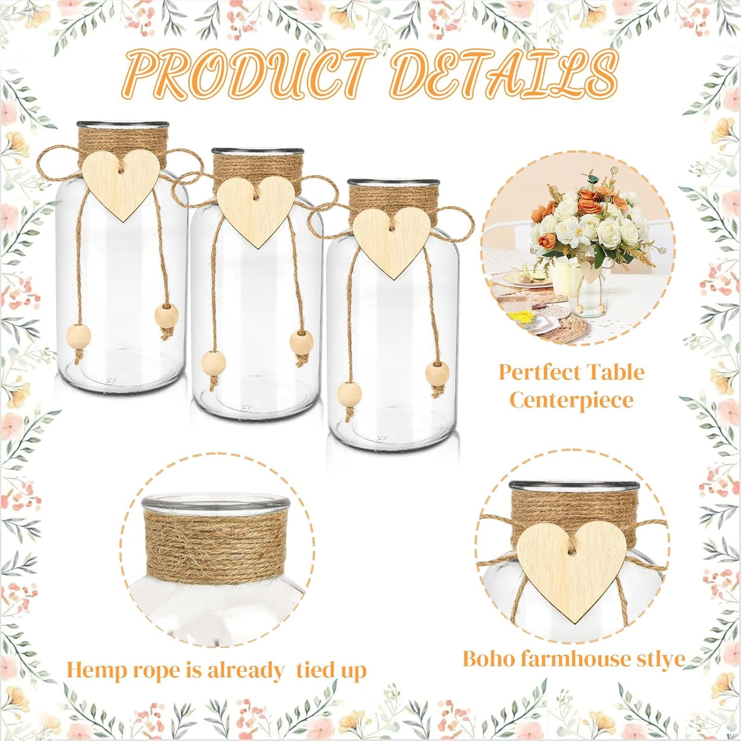 Vintage Glass Vases for Flowers, Set of 3 Mason Jar Vase Table Centerpieces for Farmhouse Room Decor, Wedding, Bridal Shower Bud Vase Set (Medium)