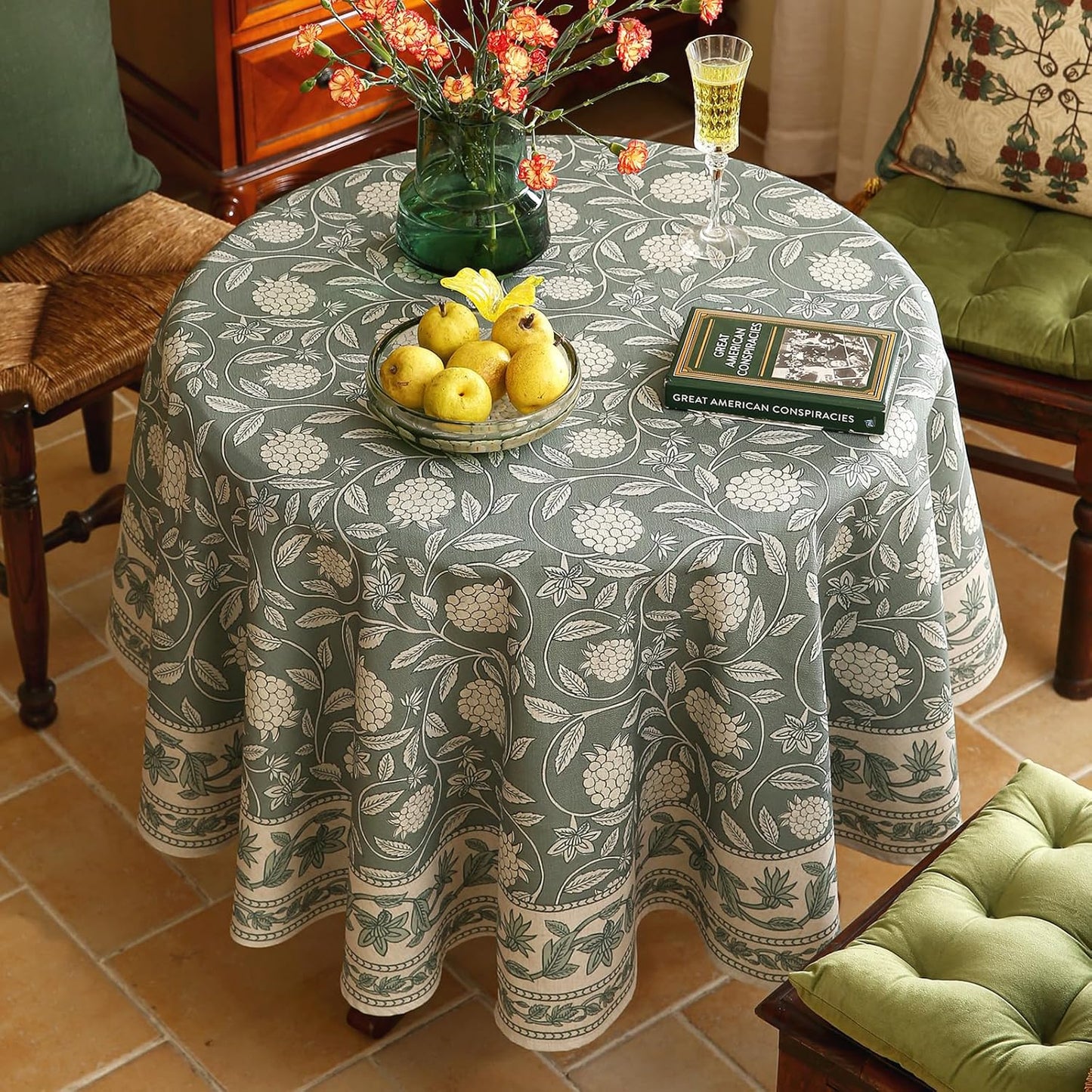 ISAENNE Designer Grayish Green Linen Round Tablecloth,Floral Elegant Stain Resistant Table Cloth,Fall Vintage Decor Tablecloths for Dining Thanksgiving Kitchen Party,Diameter 67"-Andrew A