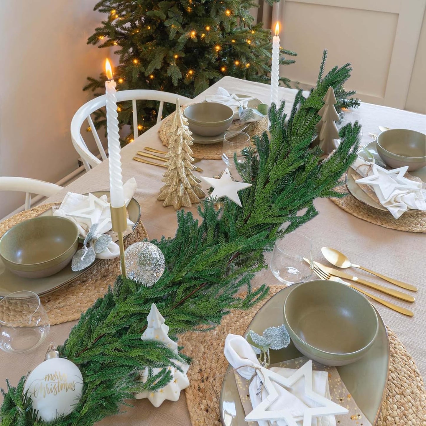 Hananona 2 Pcs 6 Ft Artificial Norfolk Pine Garlands, Realistic Pine Garland, Green Artificial Greenery Garland for Table, Mantle, Wall, Indoor, Outdoor Winter Christmas Decorations (2, 6 FT)