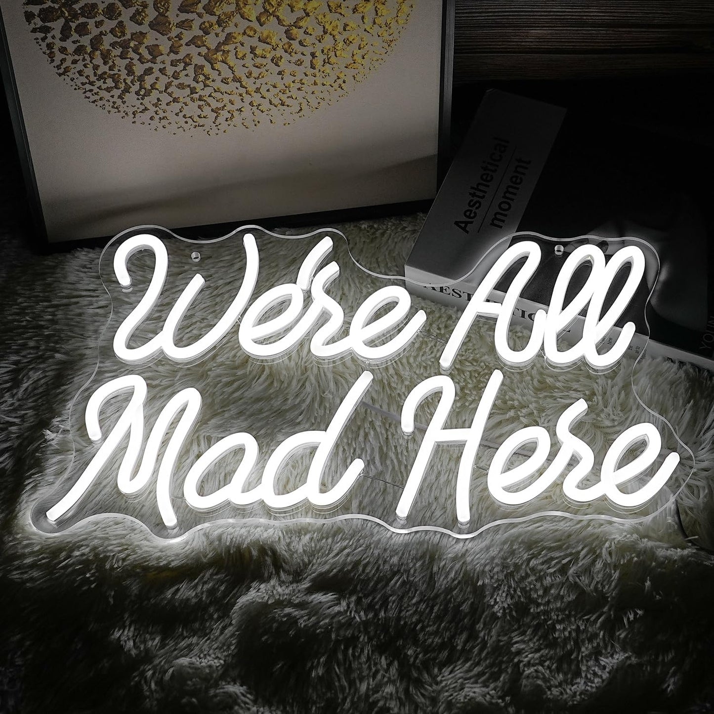 We Are All Mad Here Neon Sign Letter LED Neon Lights Dimmable USB Powered 16.5’’X9.4’’Cool Wall Decorative Light Bedroom Bar Birthday Party Decoration Gifts （White）