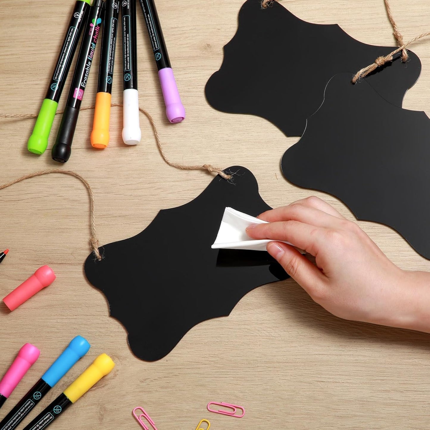 12 Pcs 4 x 6 Acrylic Chalkboard Hanging Sign with Chalk Markers Chalk Board Signs with Hanging String for Wedding Kitchen Home Party Decoration (Arrow)