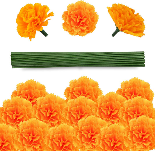 80 Pcs Artificial Marigold Flowers,2" Silk Marigold Flower Heads with Stems,Orange Flowers Artificial for Diwali Decor,Indian Wedding,Home,DIY Wreath Garland,Day of The Dead Decorations