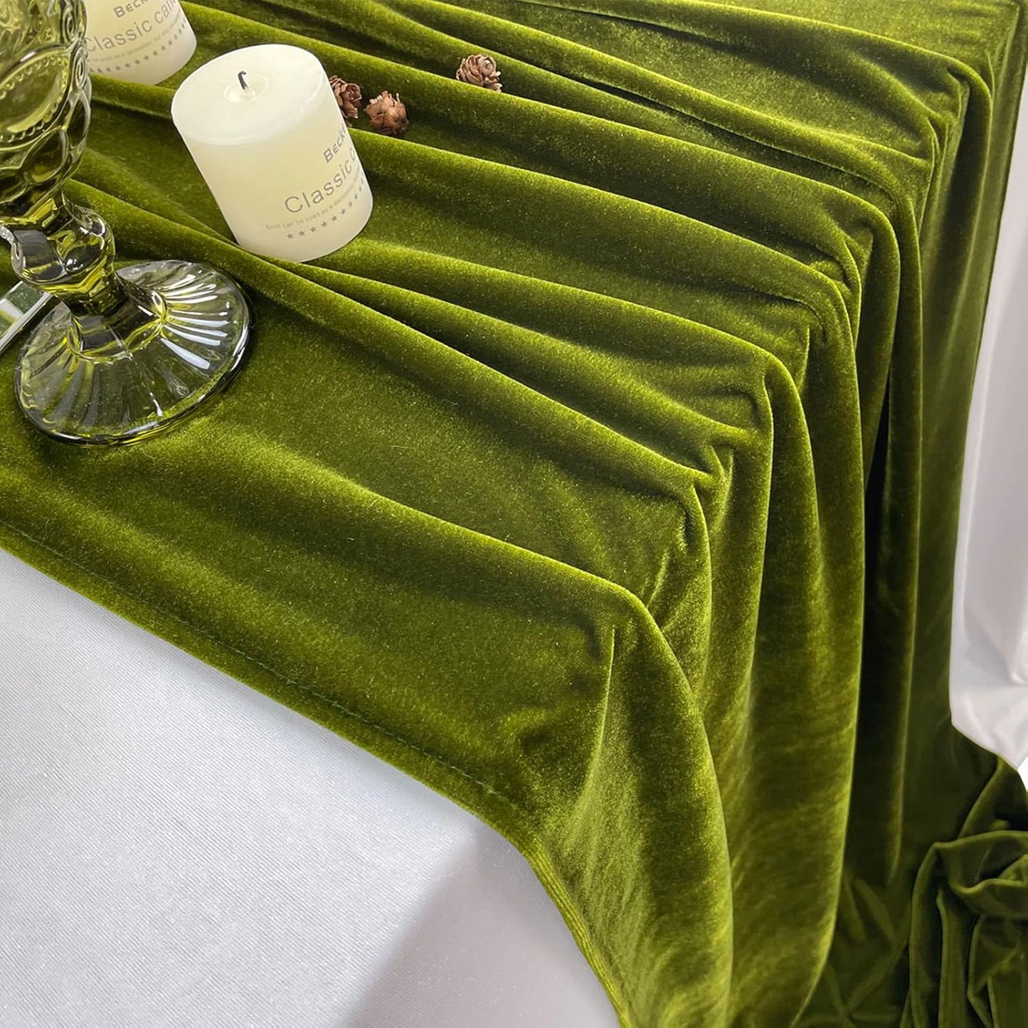 Luxurious Velvet Table Runner, 10ft Wedding Reception Decorations, 20x120inch Soft Velvet Fabric, Table Linen Overlay, Wedding Table Runners (Olive Green, 20X120inch)