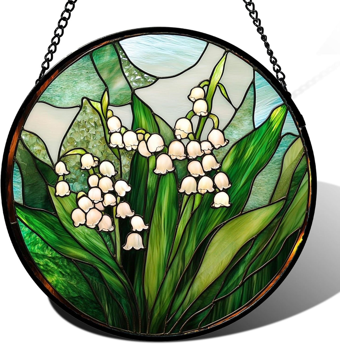 Stained Glass Window Hanging - White Green Lily of The Valley Suncatcher for Doors Garden Terrace Plant Sun Catchers Decor Mother's Day Birthday Flowers Gifts for Women Men Mom 7.8 in