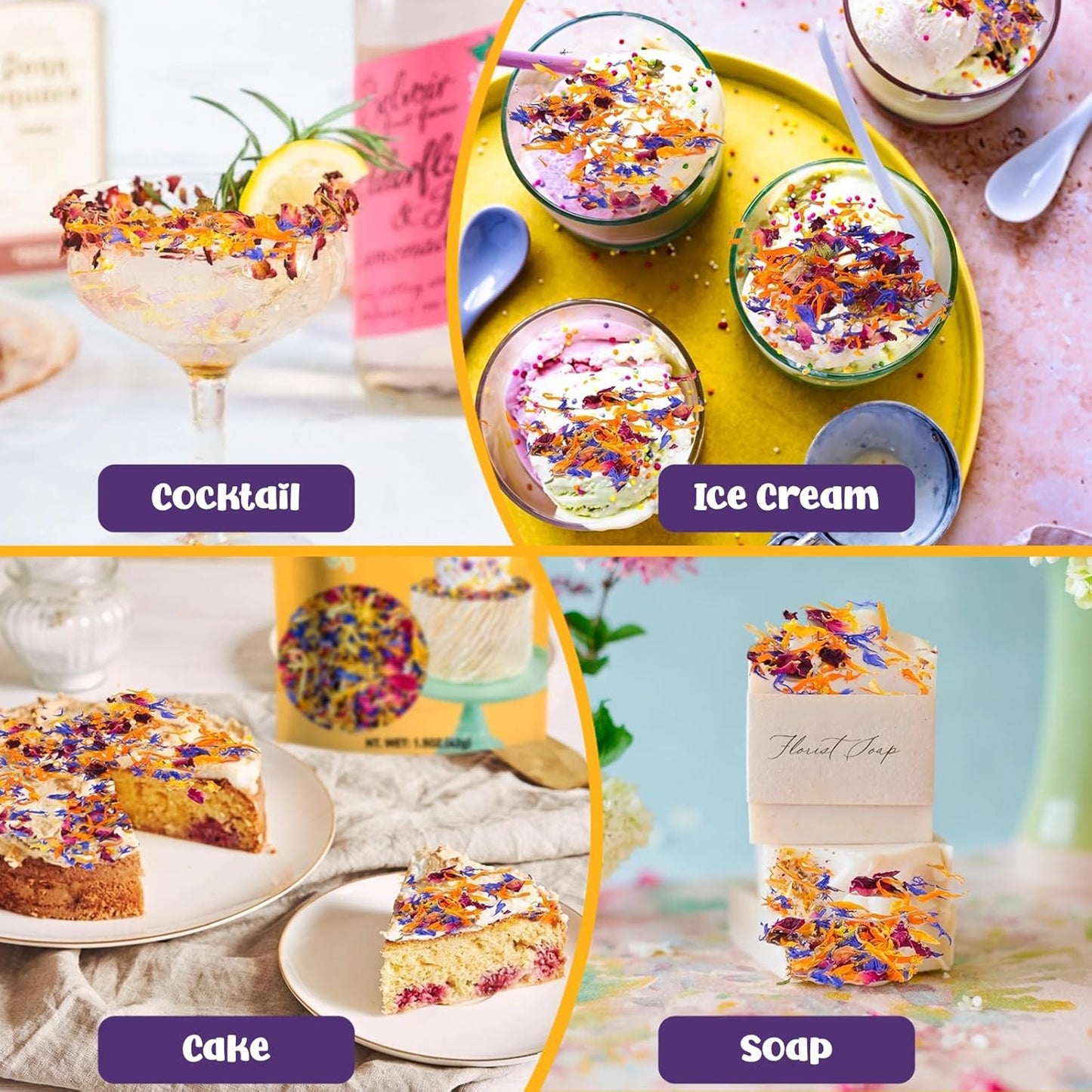 4 Kinds Natural Dried Edilble Flowers Petal Blend (1.5 Ounce), Edible Flowers for Cocktail, Cake Decoration, Soap Making, Ice cream. Include Rose Petals, Cornflower, Osmanthus, and Calendula