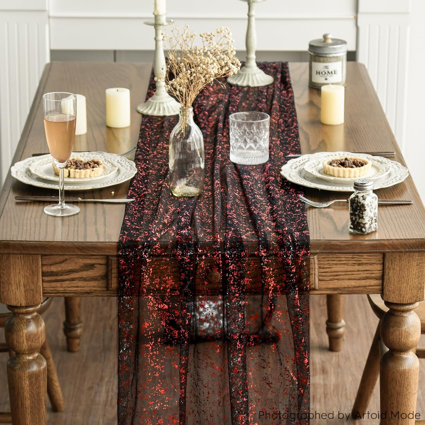 Artoid Mode 6PCS Black Red Gold Gauze Table Runner 120 Inch 10FT, Glitter Metallic Foil Sheer Dining Wedding Anniversary Holiday Table Decor for Home Party