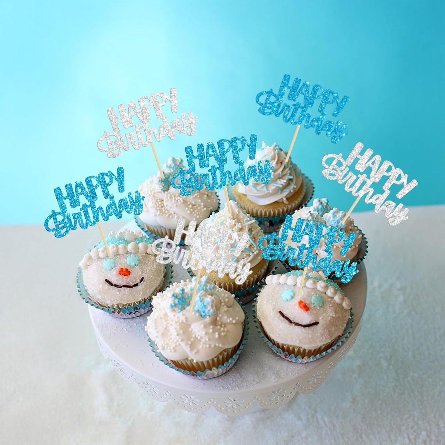 Gyufise 24Pcs Happy Birthday Cupcake Toppers Glitter Birthday Cupcake Food Picks for Celebrating Winter Wonderland Theme Party Cake Decorations Supplies Blue Silver