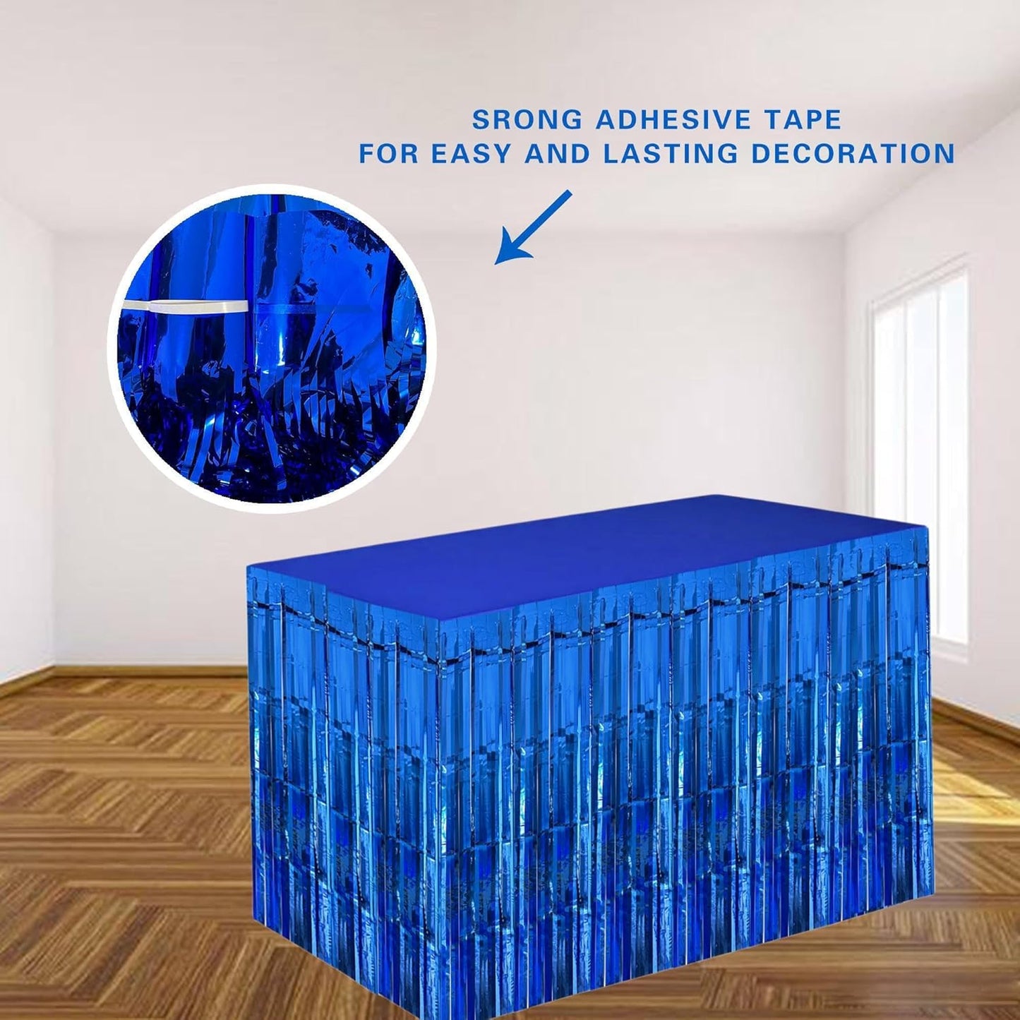 Blue Streamers Party Decorations, 2 Packs Blue Table Skirts Metallic Foil Fringe Tinsel for Birthday Under the Sea Boy Baby Shower Float Parade Mardi Gras Graduation Party Supplies -29x108Inch