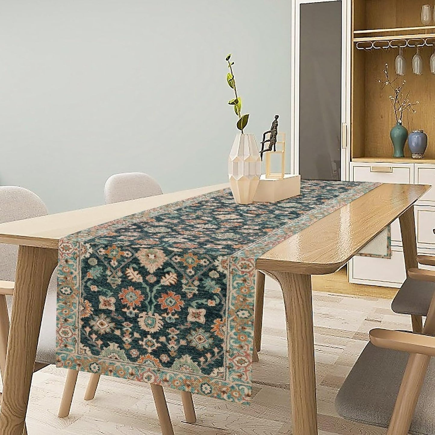 Vintage Boho Floral Table Runner, Rustic Country Farmhouse Blue Teal Red Bohemia Flower Pattern for Home Kitchen Table Decor Dining Coffee Room Party Decor 13x72in