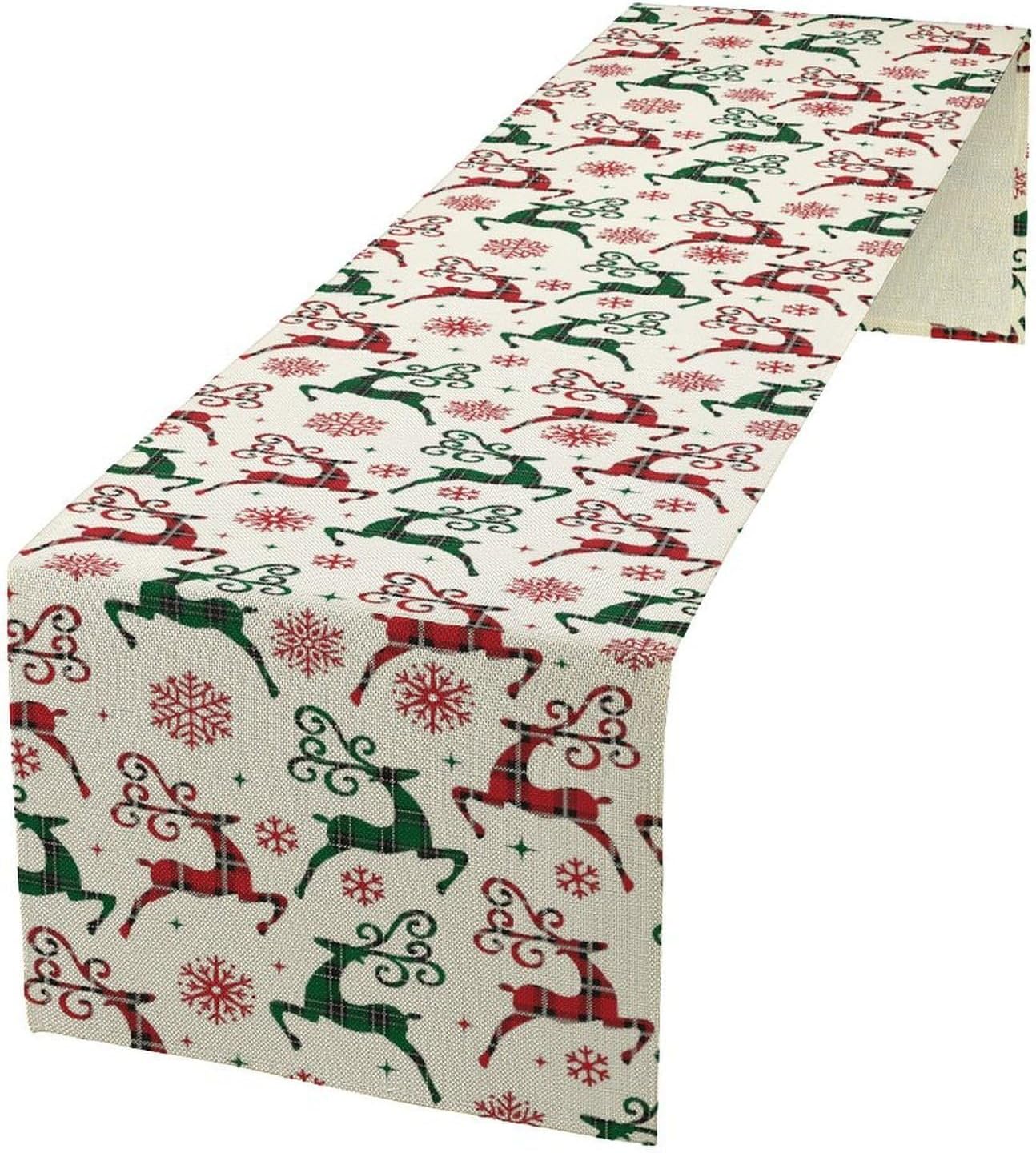 Christmas Table Runner,Christmas Plaid Deer Print Farmhouse Table Cloth Kitchen Dining Table Decoration for Home Party Decor 13x60 Inch