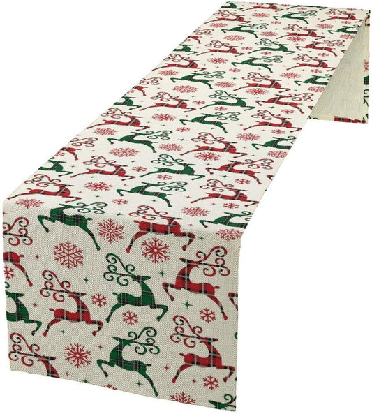 Christmas Table Runner,Christmas Plaid Deer Print Farmhouse Table Cloth Kitchen Dining Table Decoration for Home Party Decor 13x60 Inch