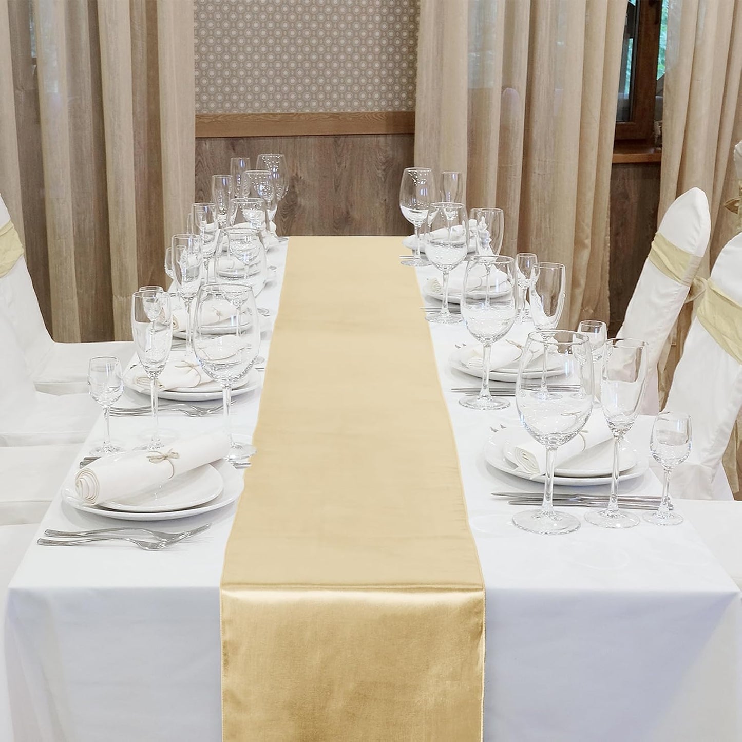 Aneco 12 Pack Satin Table Runner 12 x 108 Inch Champagne Long Wedding Satin Silk Table Runner for Wedding Banquet Graduations Birthday Party Decoration