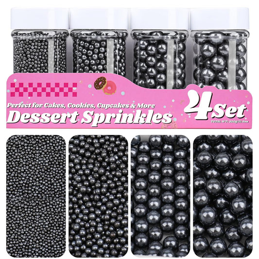 Black Pearl Sprinkles for Cake Decorating, 11.3 Oz Edible Pearls Sugar 4 Sizes Gift Box Set for Baking Cookie Ice Cream Cupcake Toppings